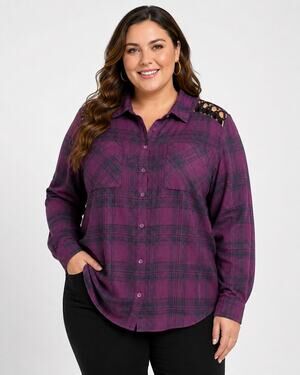 Torrid Women’s Plus Size 3 Purple Plaid Button Down Shirt Shoulder Cutout Top